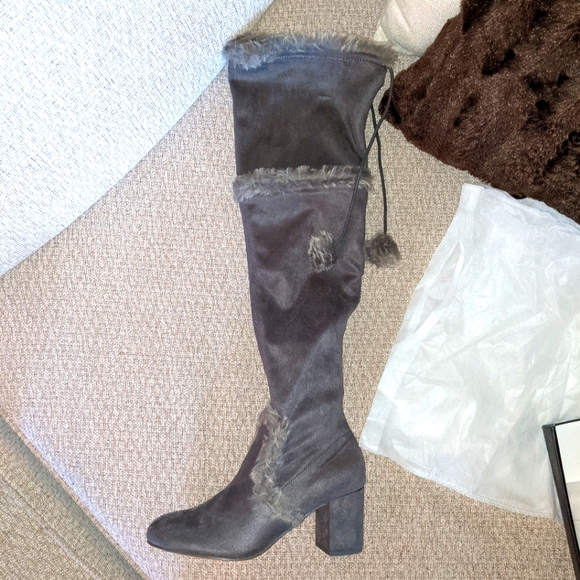 Charles David Shoes - Over The Knee Grey Faux Fur Pom Pom Boots Women's Size 8 Charles David